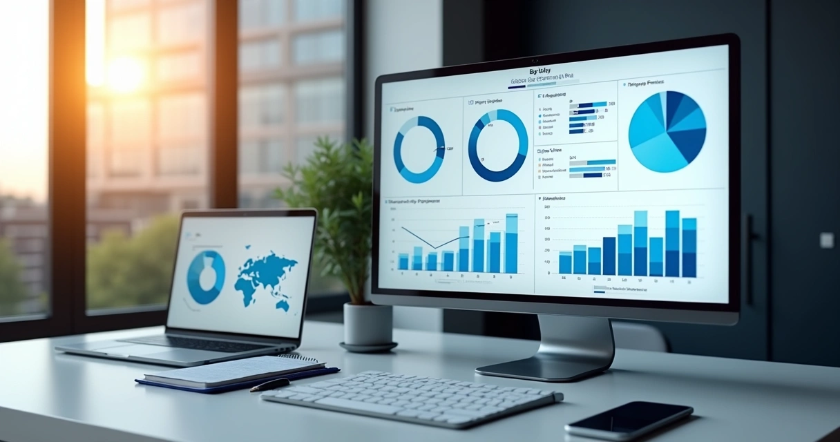 Dashboard digital exibindo gráficos e indicadores de KPIs de prospecção em vendas B2B, com telas em azul e detalhes em branco