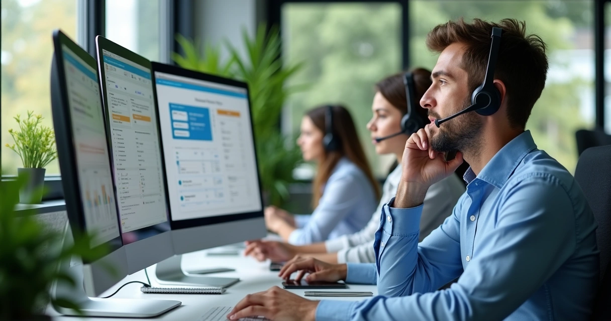 Equipe de vendas em ambiente de escritório usando headsets para realizar cold calls com computadores e anotações ao redor