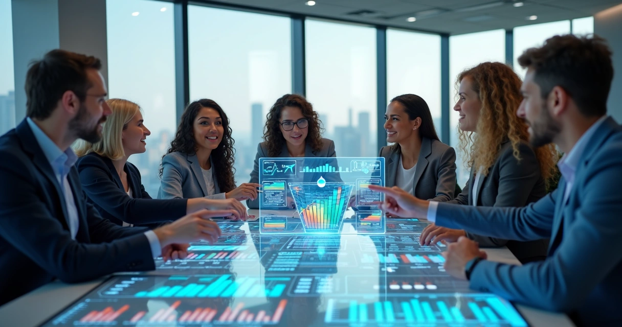 Equipe de vendas analisando gráficos e dados em tela digital para gerar e qualificar leads