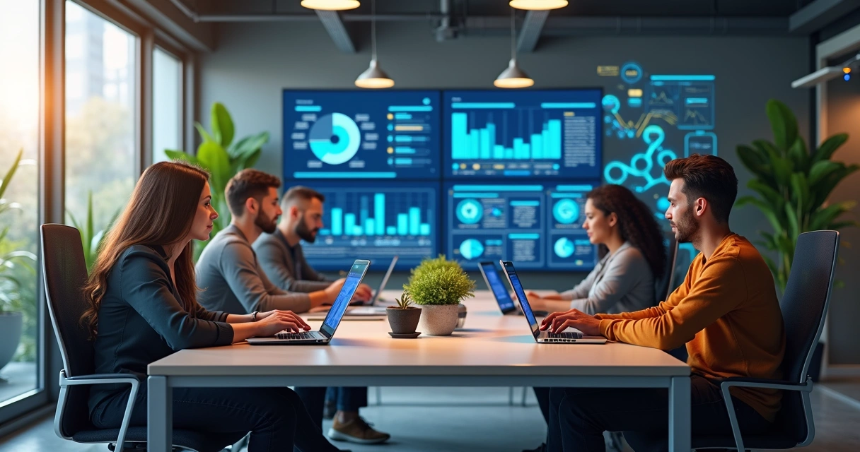 Equipe de vendas em escritório moderno usando computadores para prospecção ativa e análise de dados