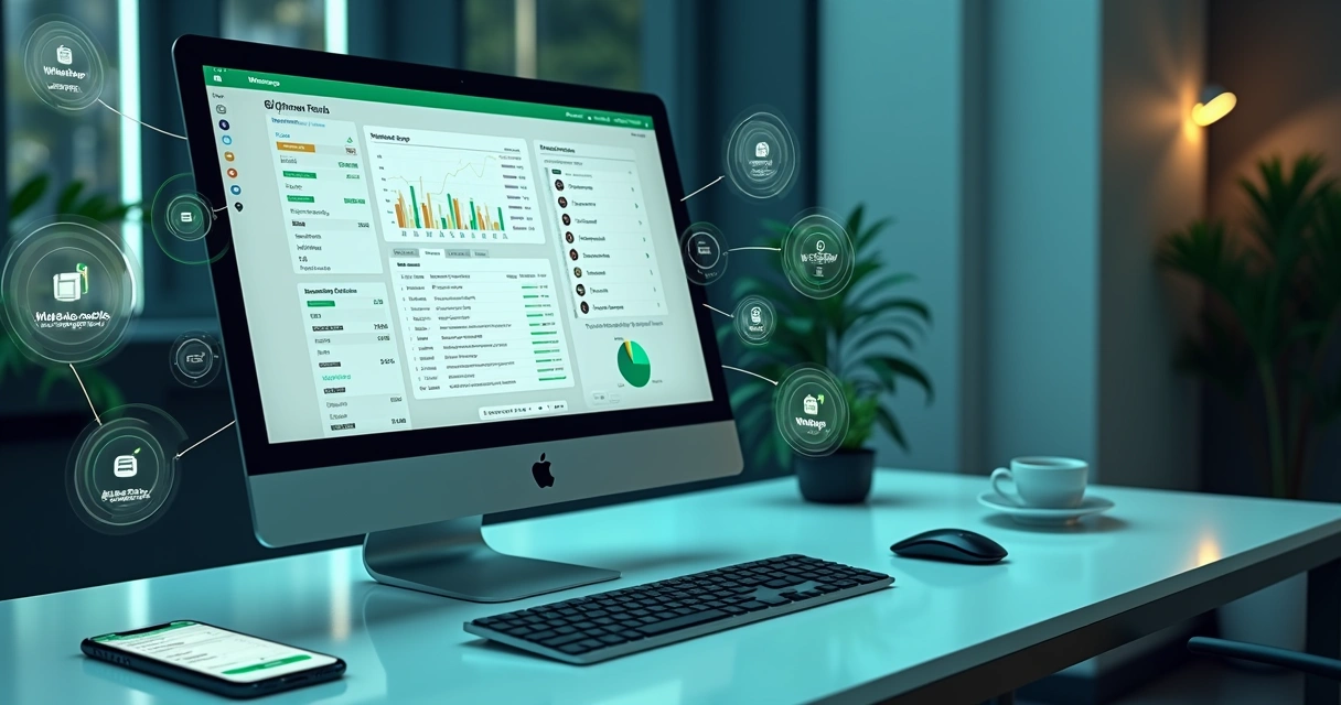Interface digital mostrando integração de dados firmográficos em listas segmentadas no WhatsApp com gráficos e contatos
