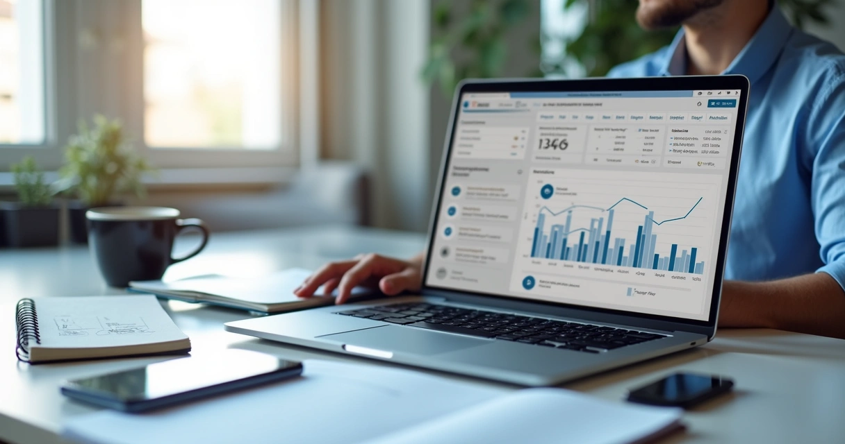 Pessoa analisando listas segmentadas para prospecção B2B em um laptop moderno com gráficos e dados visíveis na tela
