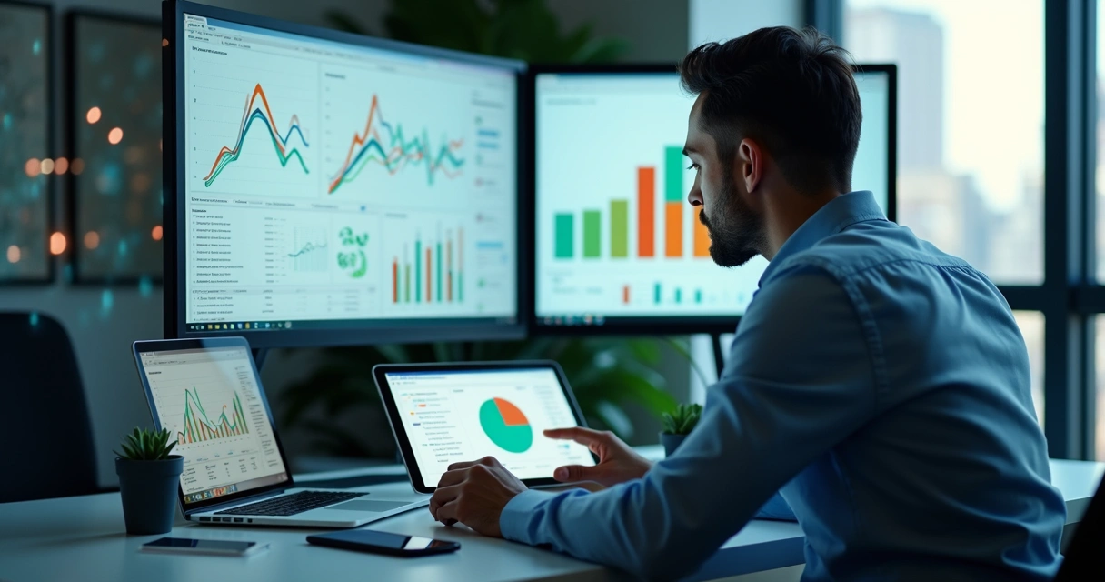 Profissional analisando gráficos de segmentação de leads B2B e B2C em tela de computador moderno