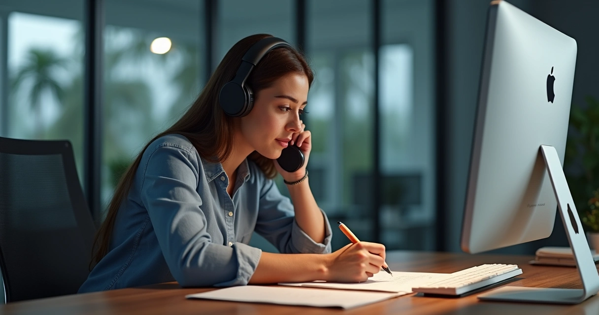 Pessoa realizando ligação de cold calling em escritório moderno com computador e anotações ao redor