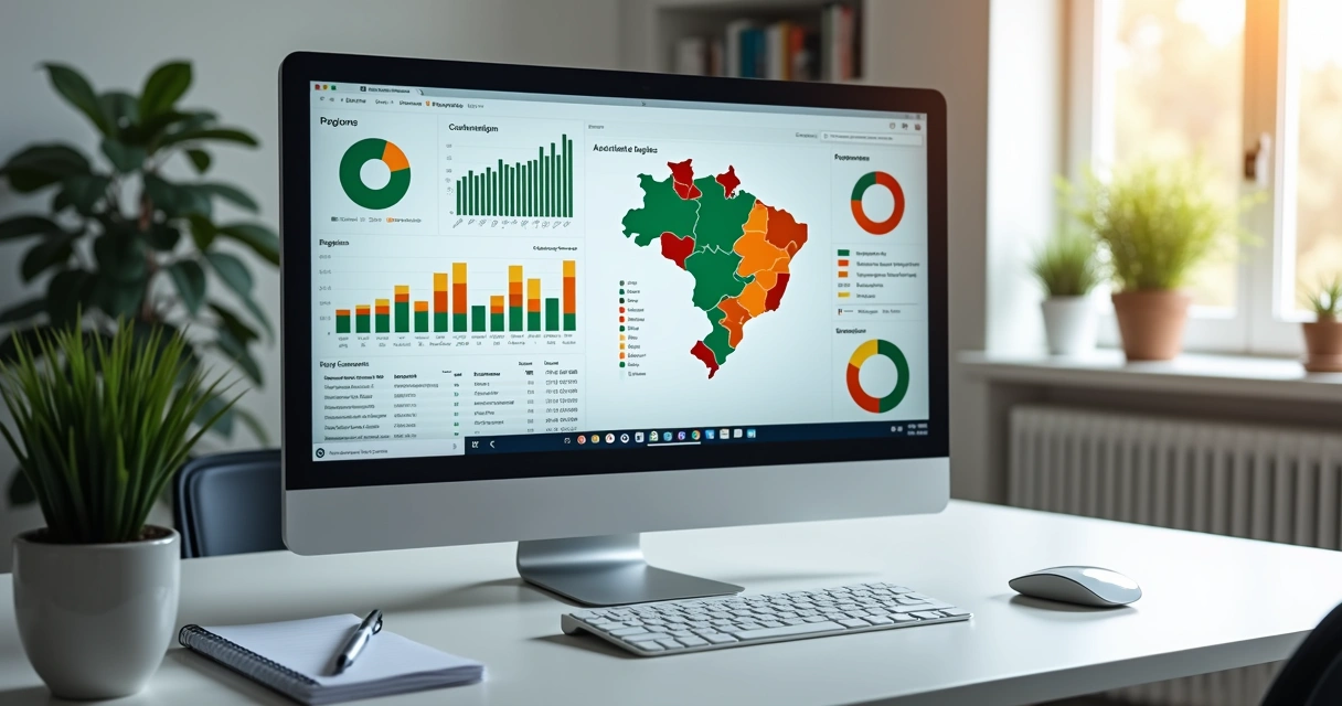 Tela de computador exibindo dashboard com mapas do Brasil, gráficos de faturamento, setores econômicos e listas de empresas detalhadas