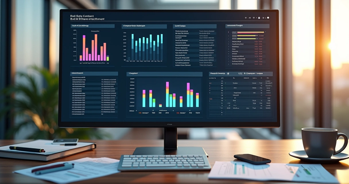 Tela de computador mostrando painel com gráficos de dados e listas de contatos B2B detalhados