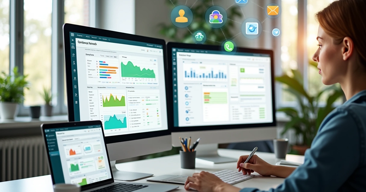 Multitelas exibindo segmentação de leads para campanhas de WhatsApp marketing em interface de software moderno com gráficos e filtros detalhados