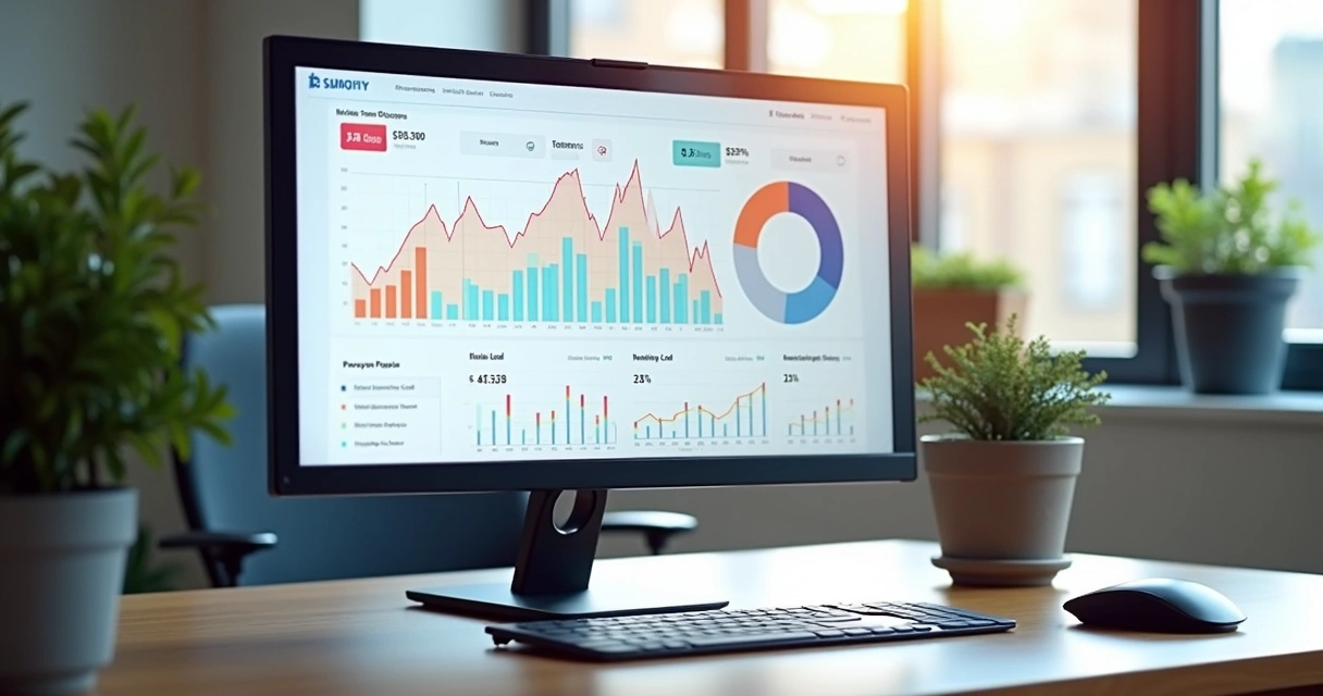 Computador mostrando painel digital com gráficos de vendas, categorias de leads em cores diferentes e ícones de usuários priorizados