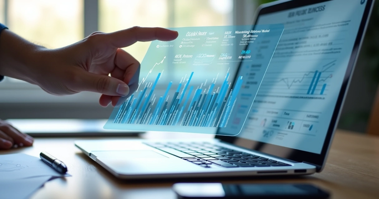 Mão segurando uma lista digital com dados de empresas B2B visíveis na tela de um laptop moderno