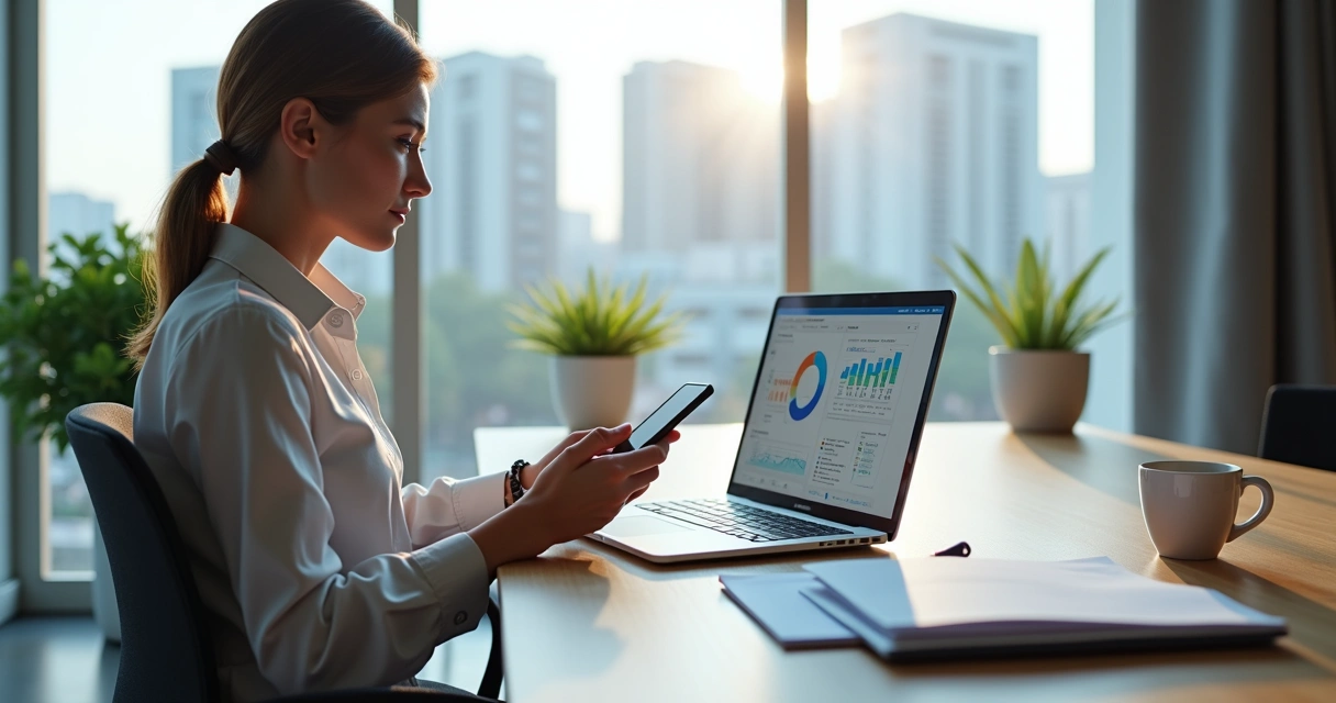 Corretor de imóveis usando notebook e smartphone para gerenciar leads digitais em ambiente moderno e iluminado