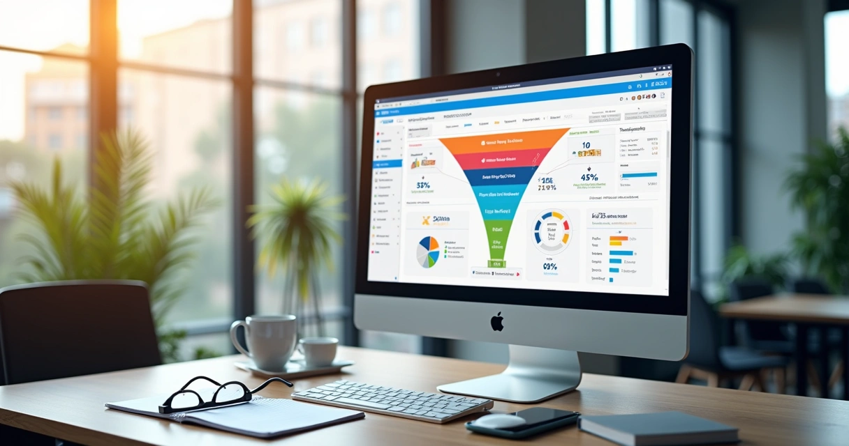 Interface digital mostrando pipeline de vendas B2B com gráfico, contatos e números de CRM em tela de computador