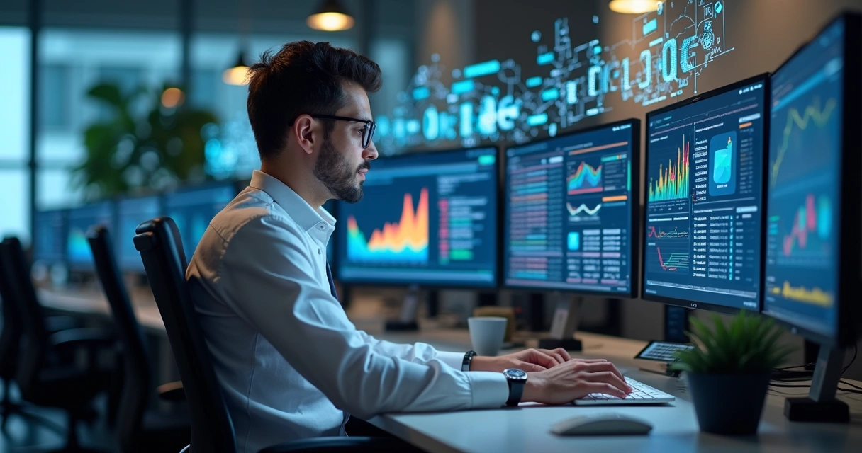 Profissional usando computador mostrando dashboard com gráficos e dados de CRM sendo atualizados automaticamente