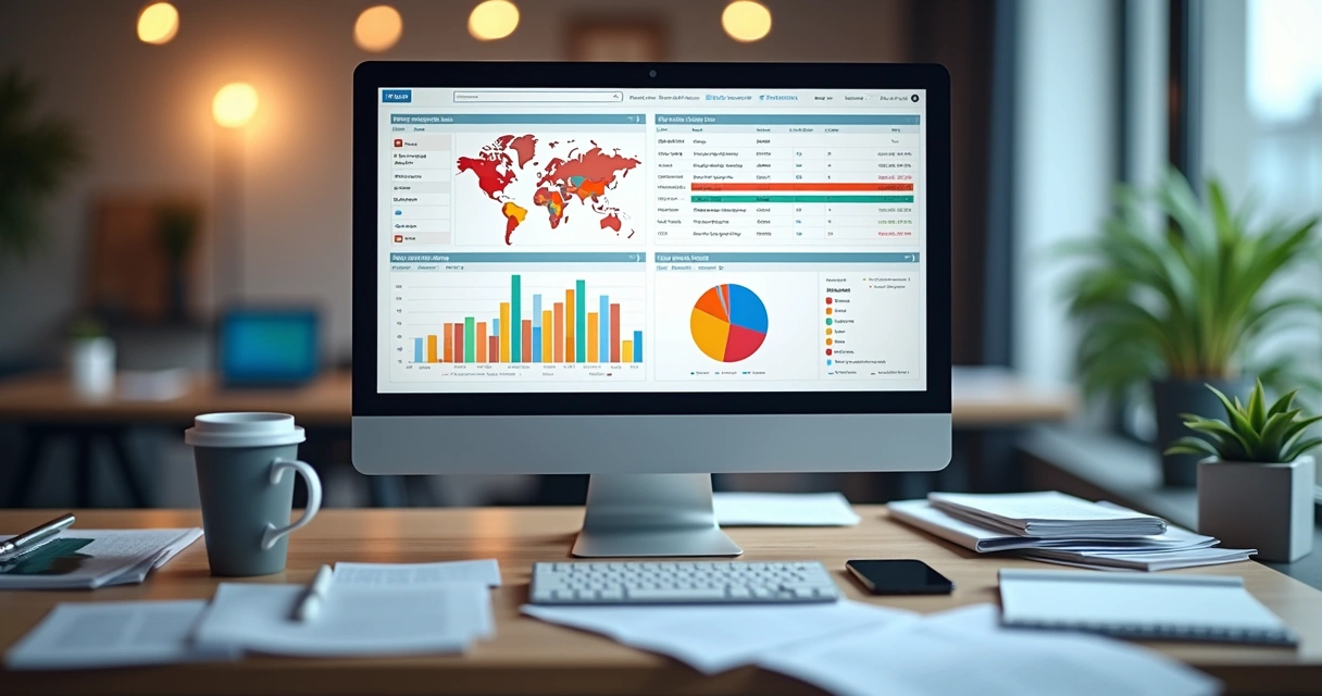 Computador com tela mostrando análise detalhada de dados e contatos para enriquecimento de mailing consignado, com gráficos e tabelas coloridas ao fundo