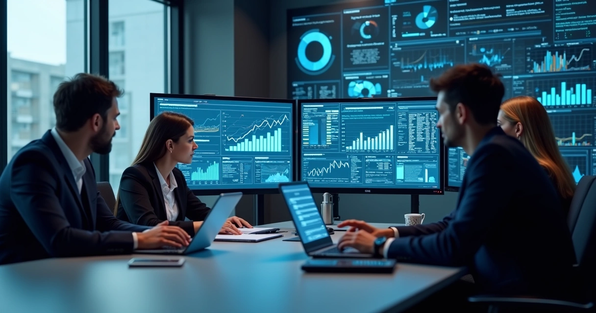 Equipe de profissionais analisando dados em múltiplas telas de computadores em ambiente corporativo moderno