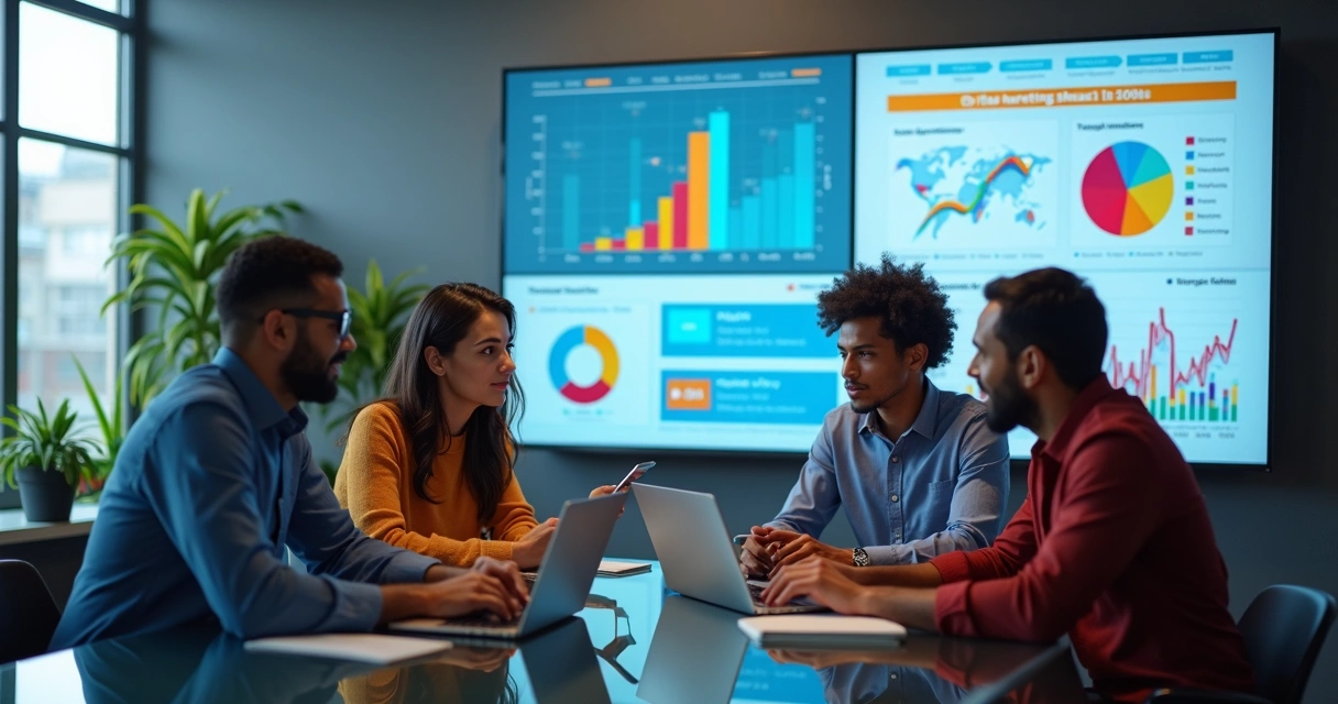 Profissionais de marketing B2B discutindo estratégias digitais em sala de reunião moderna com telas de dados e gráficos ao fundo