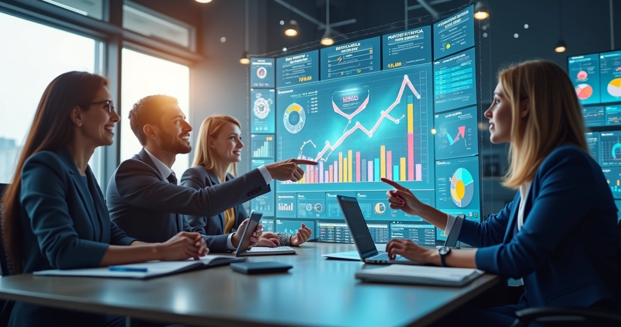 Equipe de vendas analisando dados em telas e gráficos digitais modernos no escritório