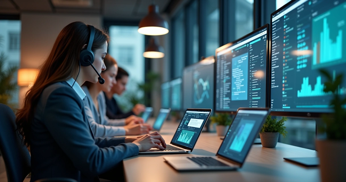 Equipe de vendas usando múltiplos canais para contato com clientes, mostrando telefone, laptop e smartphone com mensagens de texto