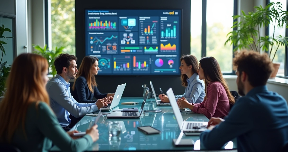Equipe de vendas reunida em escritório moderno analisando gráficos de desempenho e planejamento de prospecção de leads B2B