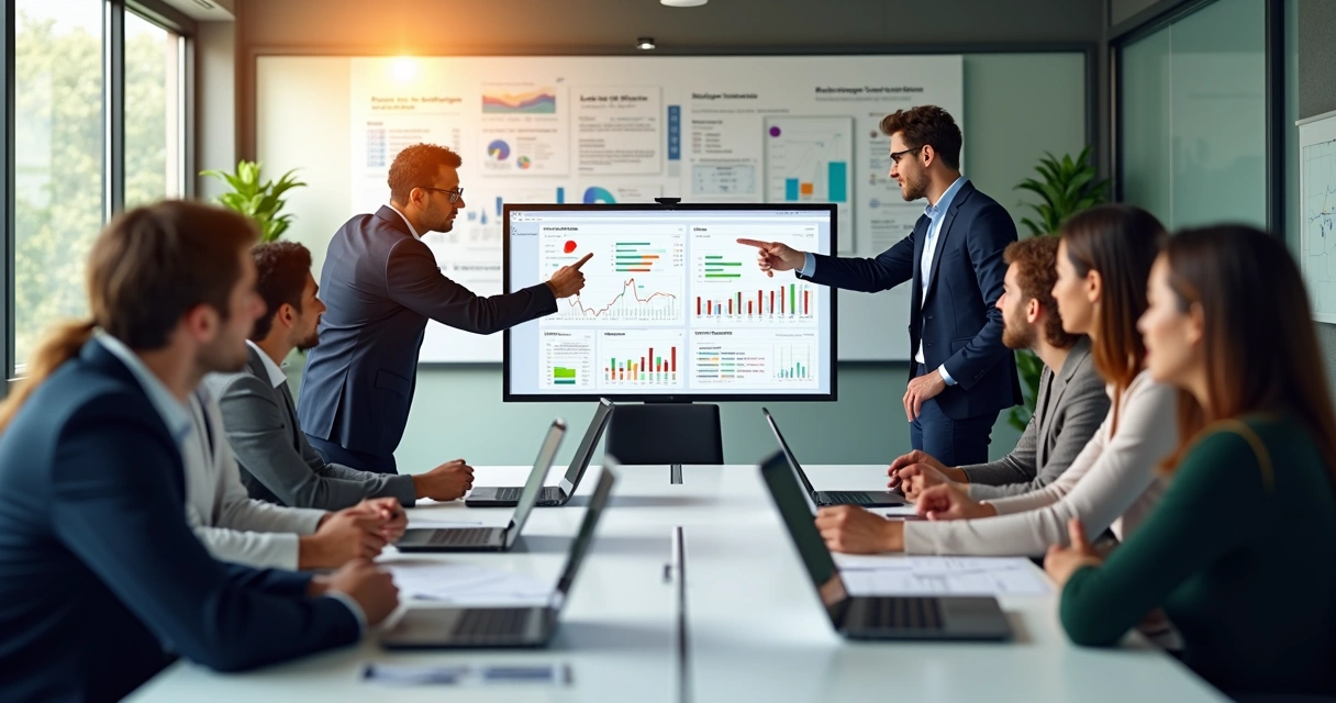 Equipe de vendas e marketing trabalhando junta em escritório com gráficos e laptops na mesa
