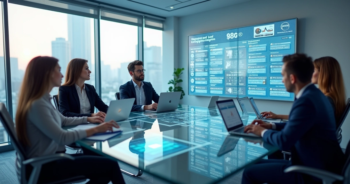 Equipe de vendas analisando dados em laptops e telas com gráficos e listas de contatos detalhados