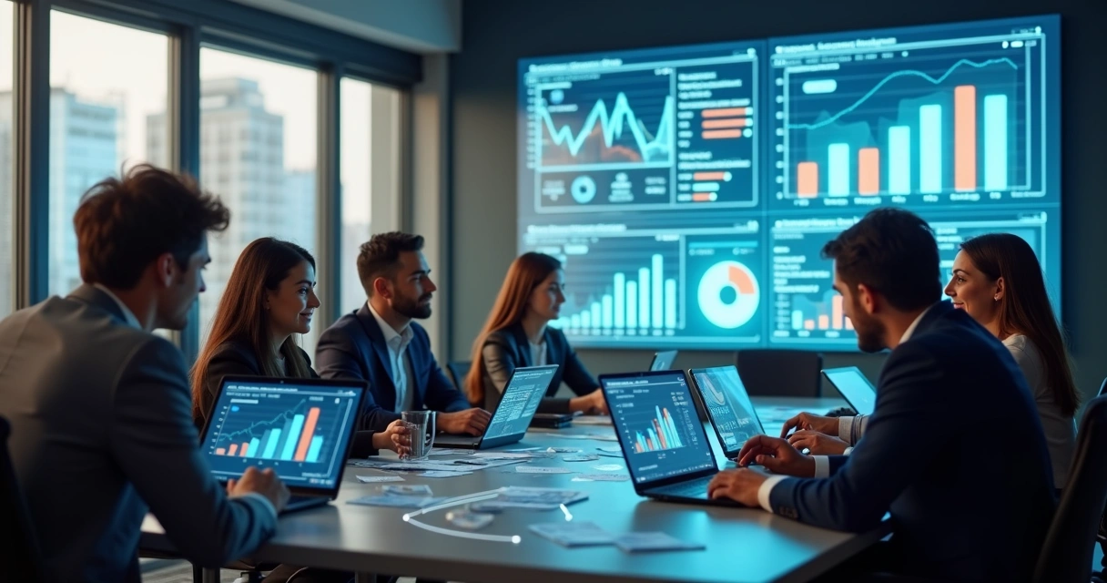 Equipe de vendas discutindo estratégia em escritório moderno com computadores e gráficos digitais