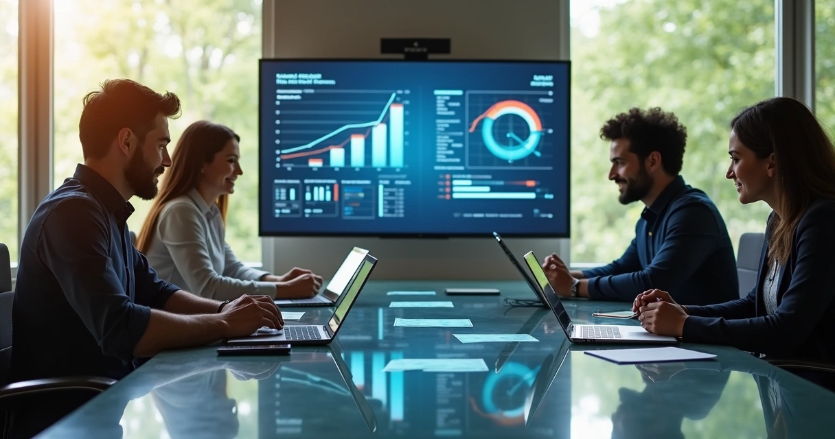 Equipe de vendas usando tecnologia e dados para fechamento de negócios B2B em escritório moderno