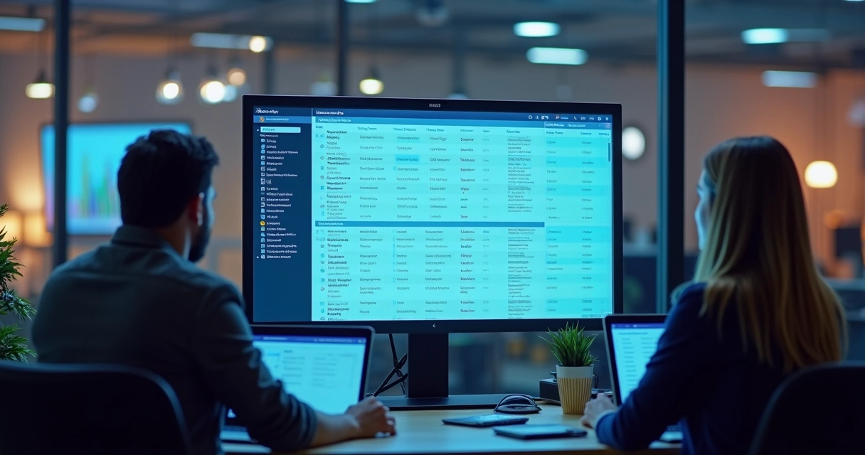 Tela de computador exibindo uma lista segmentada e validada de contatos para prospecção B2B, com gráficos de análise de dados ao fundo e pessoas discutindo estratégias