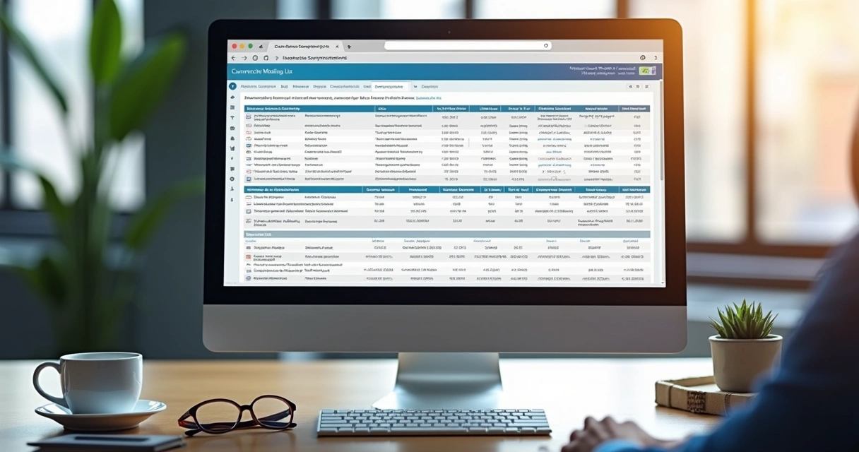 Tela de computador exibindo uma lista segmentada de contatos para prospecção outbound B2B com filtros e dados comerciais detalhados