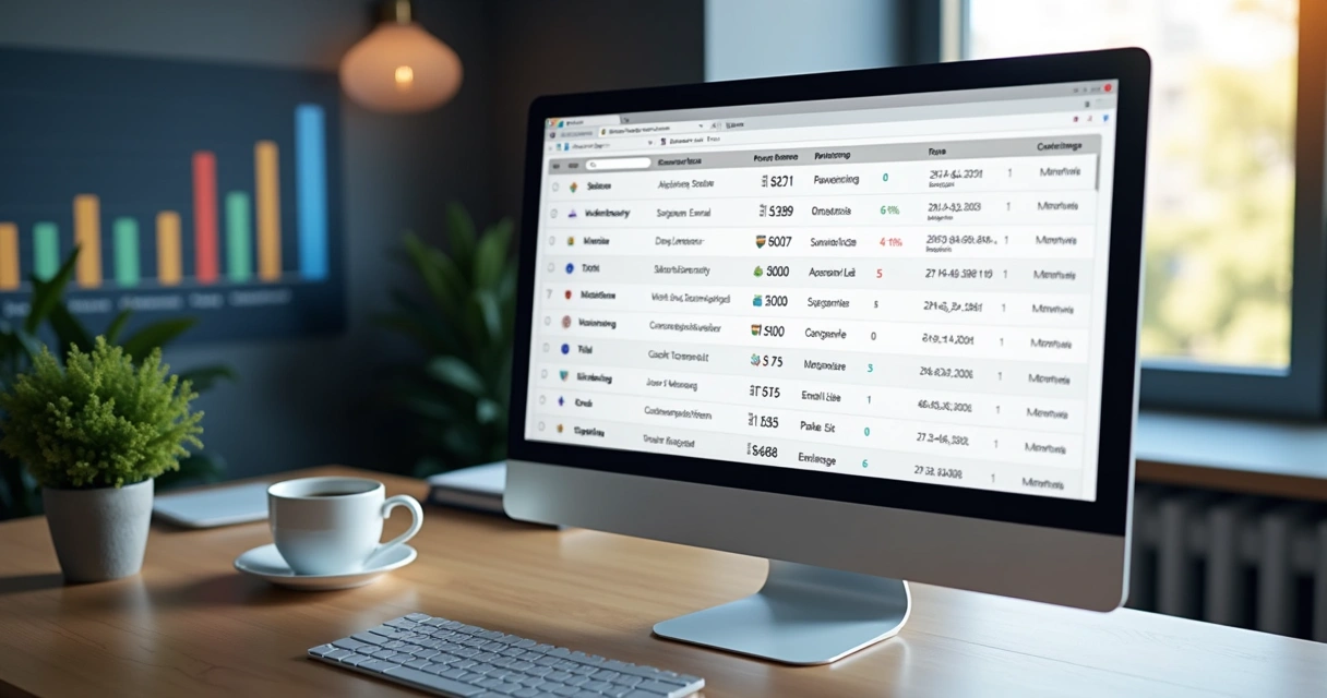 Mesa de trabalho com computador mostrando lista segmentada de contatos comerciais com dados como nome, email e telefone e gráficos de desempenho ao fundo