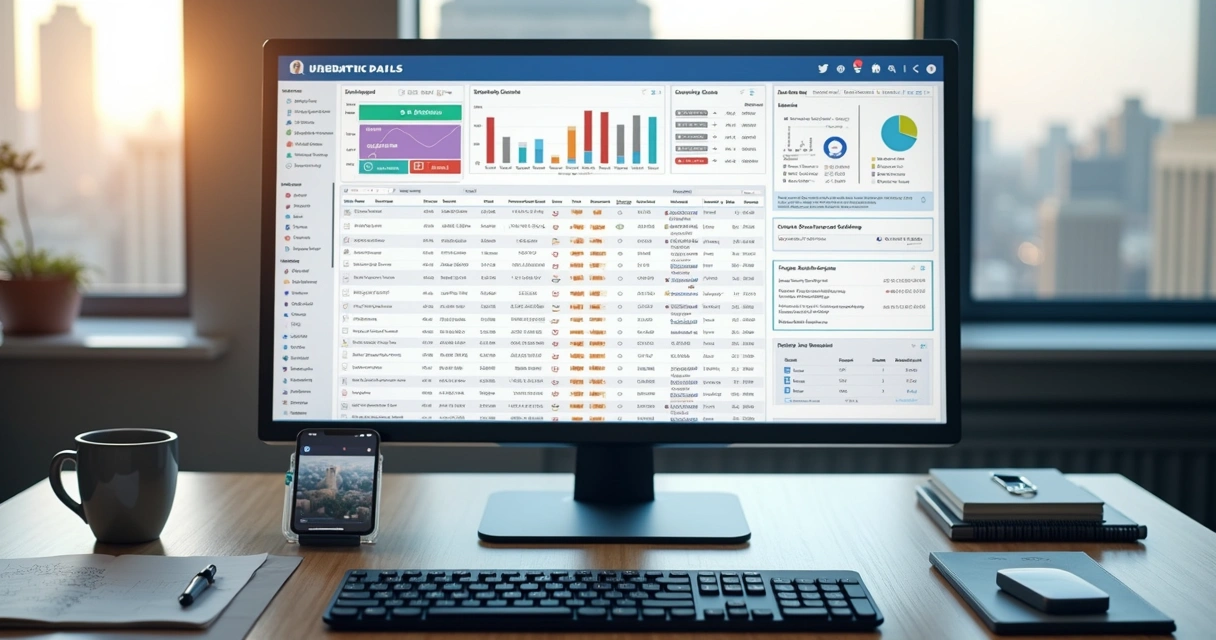Tela de computador mostrando lista de contatos B2B segmentada com dados detalhados e gráficos coloridos de análise