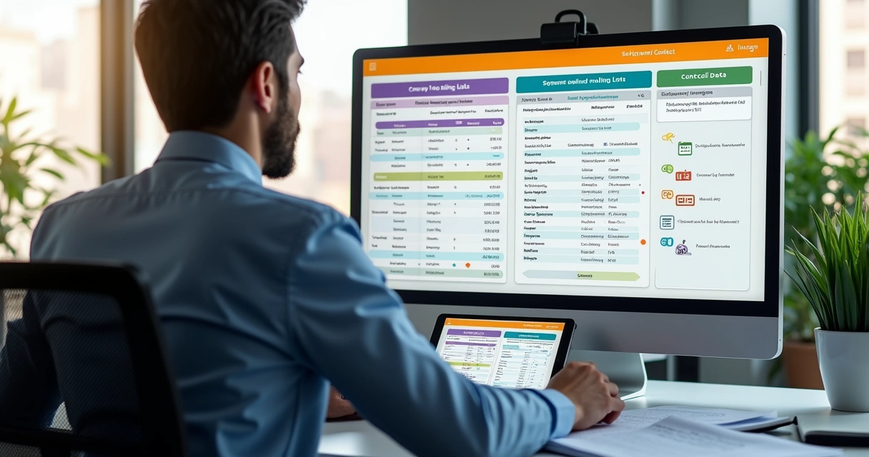 Profissional analisando tela com listas segmentadas de contatos para mailing de vendas diretas