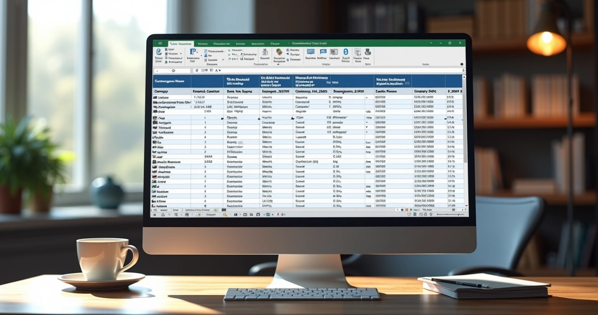 Computador exibindo planilha detalhada com dados de construtoras, incluindo CNPJ, contatos e regiões de atuação