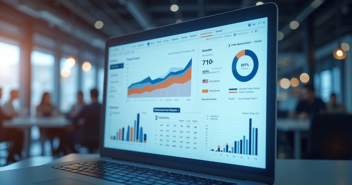 Painel digital com gráficos e indicadores de lead scoring em ambiente de escritório moderno
