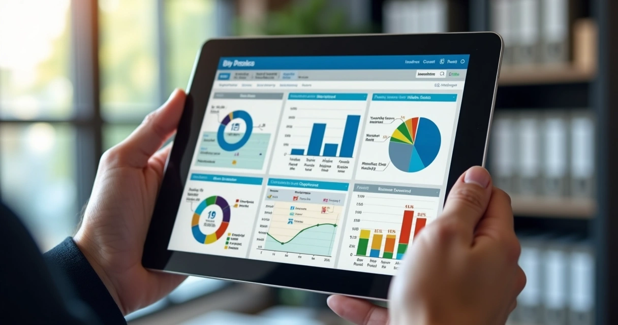 Profissional segurando tablet exibindo gráficos e dados de setores industriais como TI, saúde e varejo