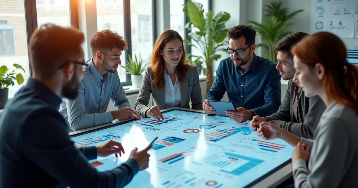 Profissionais usando ferramentas digitais para análise e prospecção de leads B2B em ambiente corporativo moderno