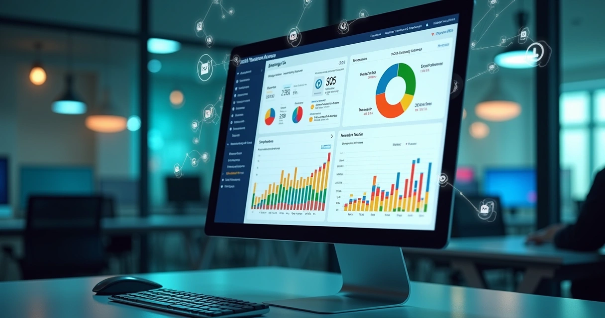 Tela de software de prospecção B2B com gráficos de leads, dados de contatos e integração com CRM exibidos em interface digital detalhada