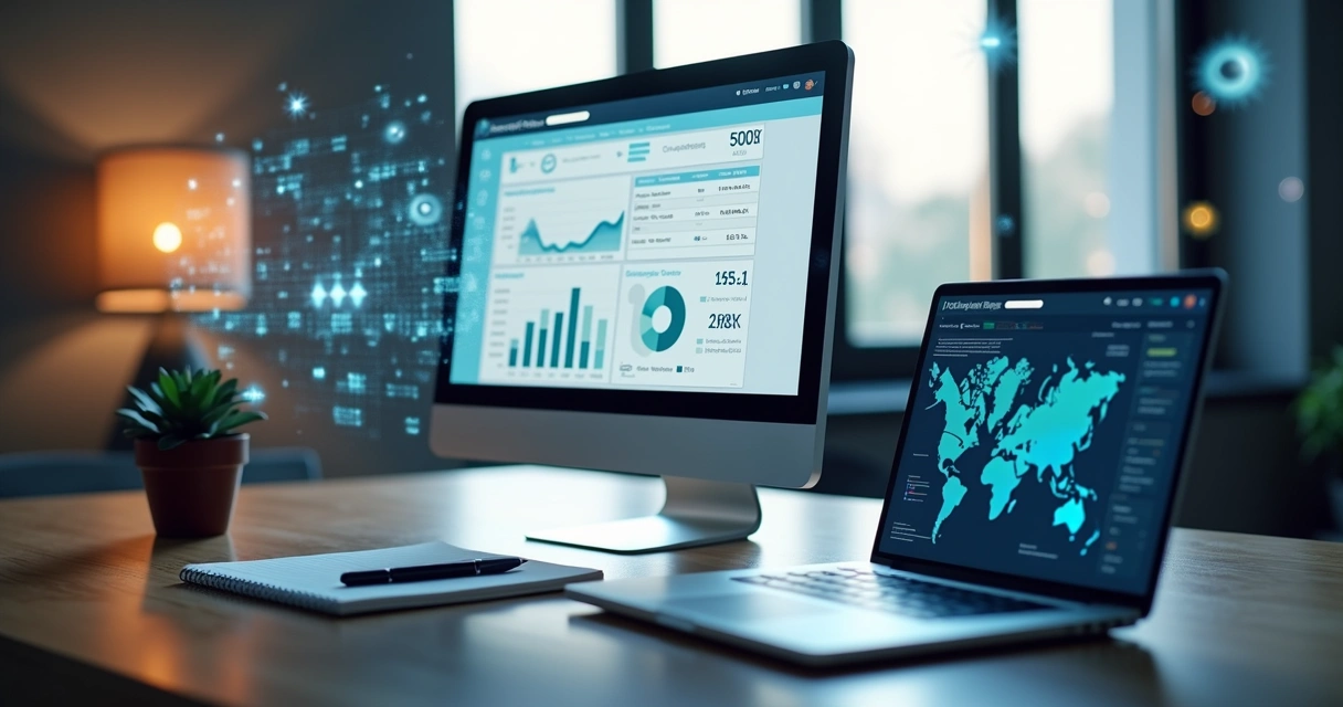 Tela de computador mostrando plataforma SaaS com dados comerciais detalhados de empresas, incluindo gráficos, informações de contatos e perfis corporativos