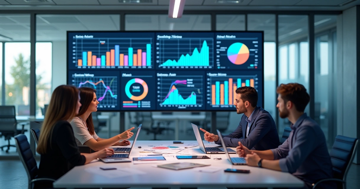 Gráfico com barras e círculos representando cálculos de TAM, SAM e SOM para prospecção B2B com equipe analisando dados
