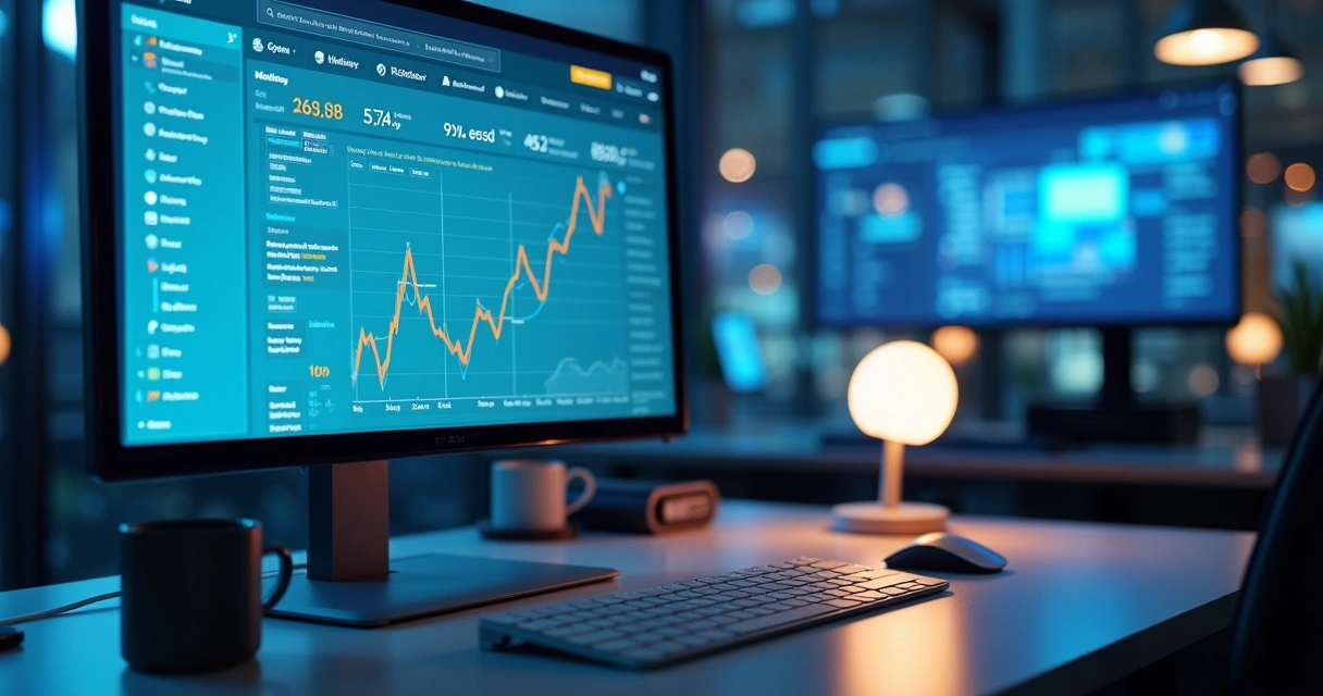 Computador exibindo dashboard de campanha digital com gráficos e listas de leads segmentados para SaaS B2B