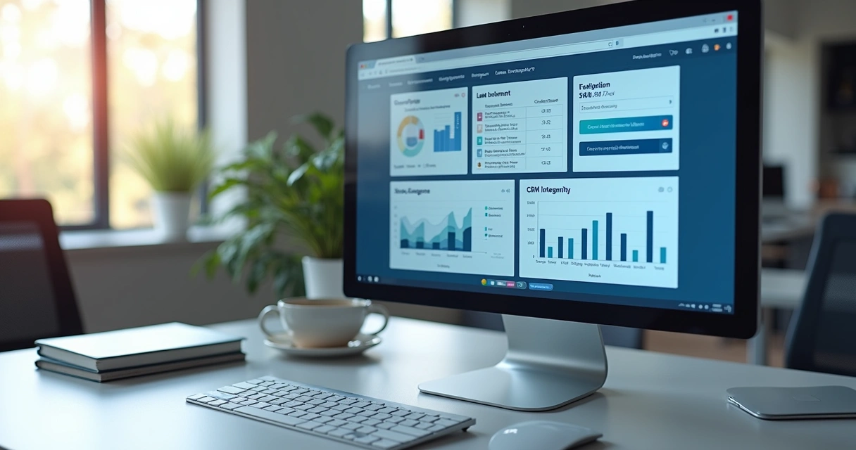 Interface de software com dashboards comparativos de dados e prospecção B2B em tela de computador