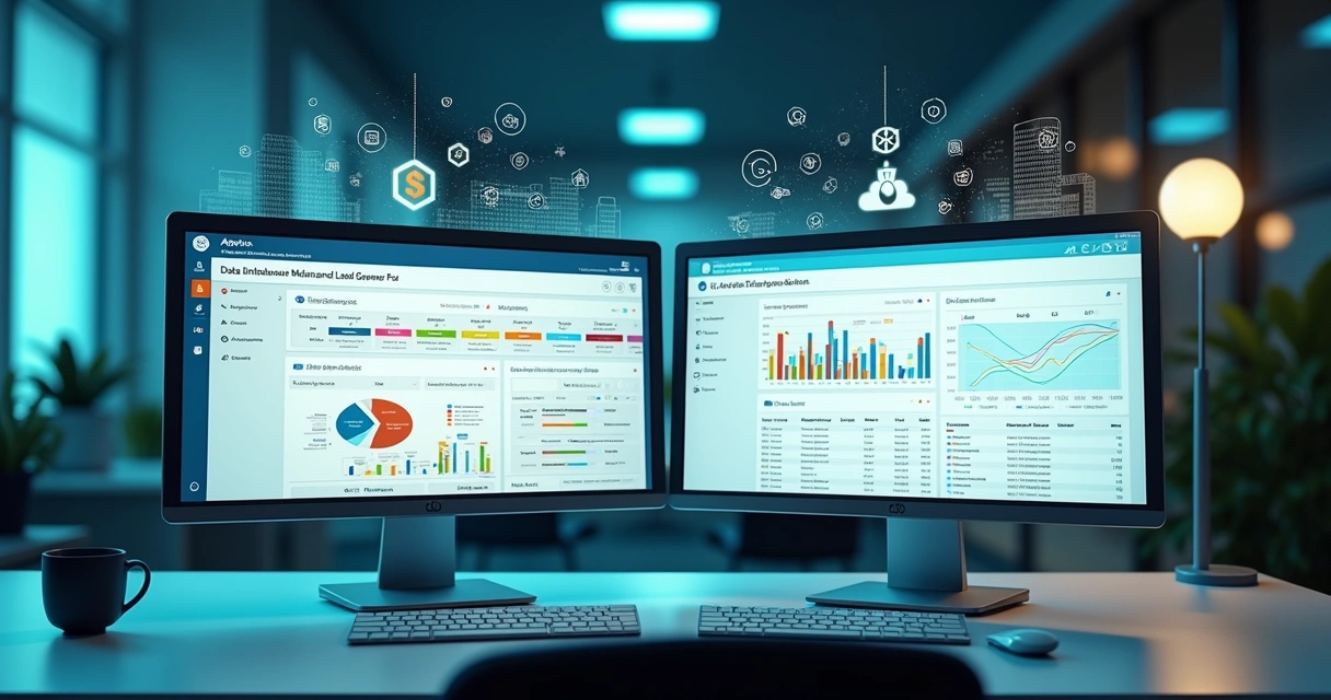 Ilustração comparando as interfaces das plataformas Apollo.io e Data Stone em computadores, com ícones de dados, gráficos e elementos de prospecção B2B ao fundo