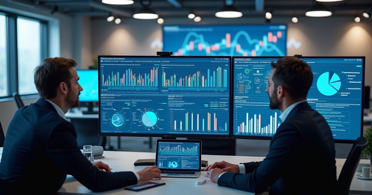 Tela de computador mostrando dashboards de dados comerciais com gráficos e listas de leads ao lado de pessoas analisando dados em ambiente corporativo moderno