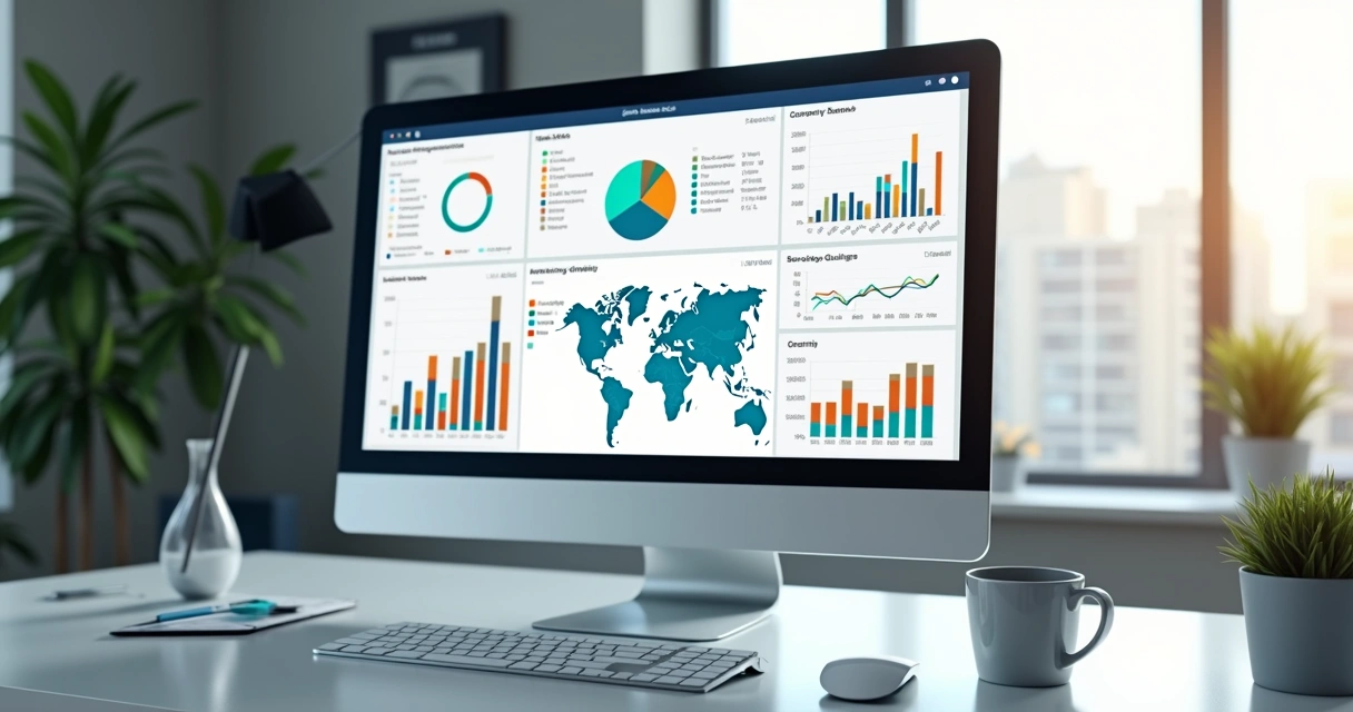 Painel digital ultra detalhado mostrando gráficos e dados de saúde e seguros em tela de computador moderno