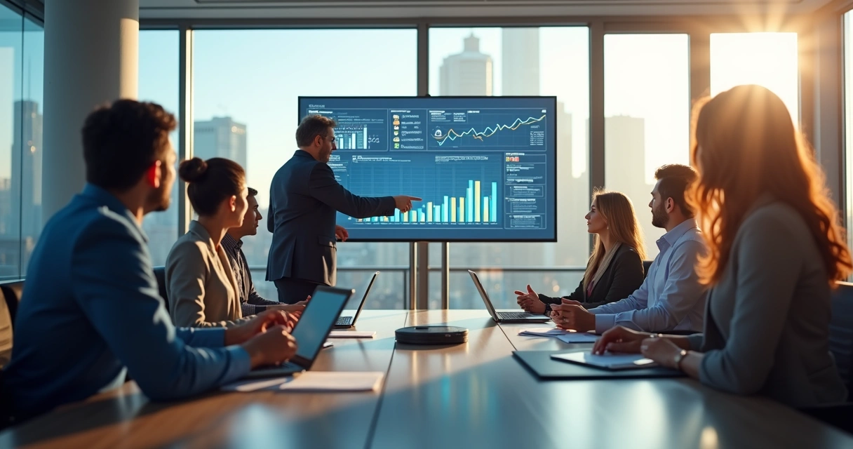 Equipe de vendas e marketing trabalhando junta em escritório moderno com gráficos e dados de vendas na tela