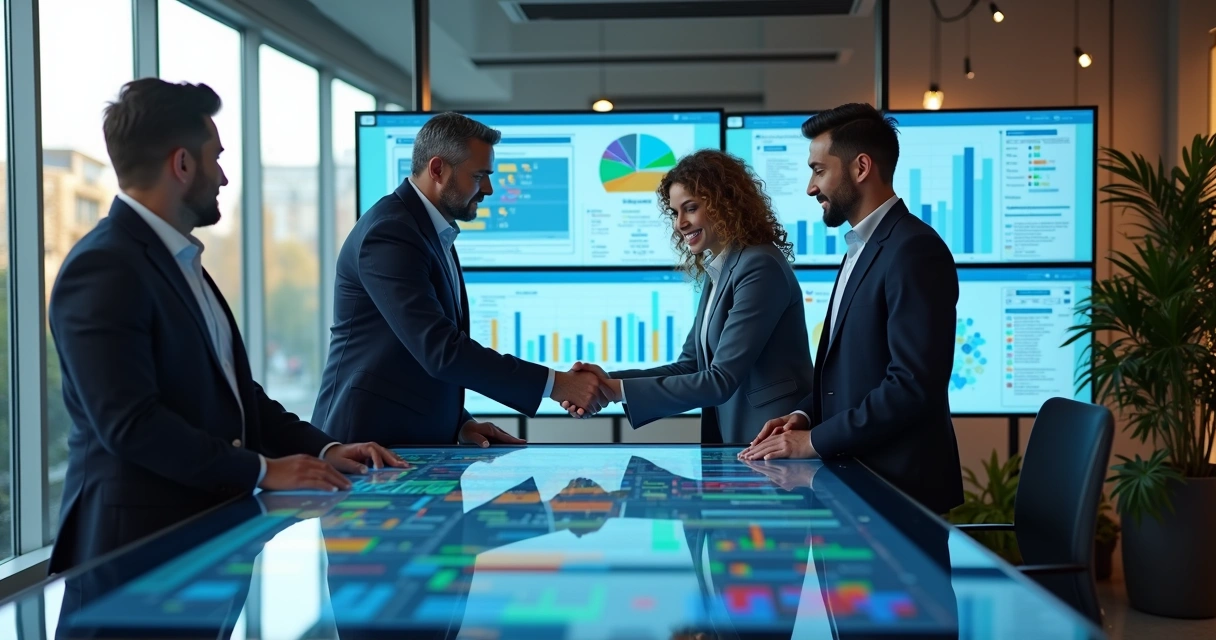 Equipe de profissionais de vendas analisando dados de prospecção em telas digitais