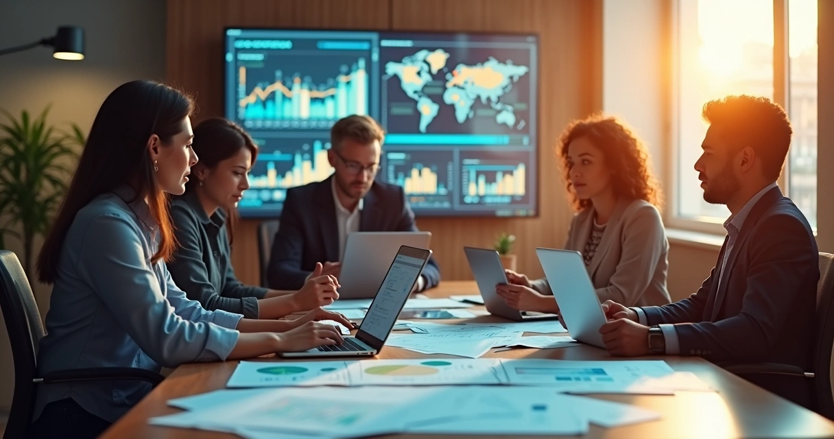 Equipe de marketing e vendas reunida em ambiente corporativo moderno com computadores e gráficos digitais no fundo