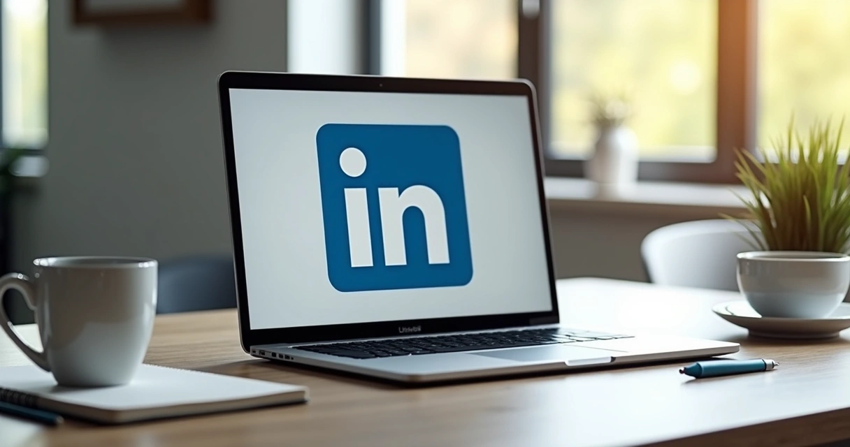 Mesa de escritório moderna com computador exibindo mensagem de LinkedIn em tela, caderno, caneta e copo de café