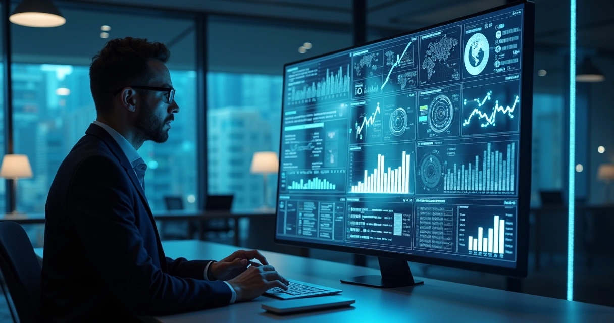 Profissional analisando dados de mercado em tela digital com gráficos e inteligência artificial ao fundo