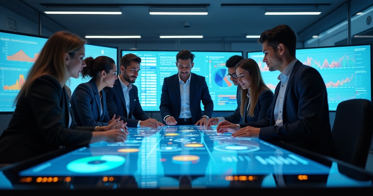 Equipe de vendas analisando dados de clientes concorrentes em telas digitais com gráficos e contatos destacados