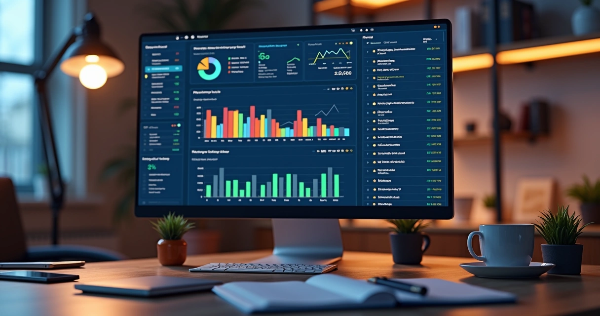 Mesa de escritório com computador exibindo painel de ferramentas digitais para geração e qualificação de leads B2B, com gráficos e listas organizadas